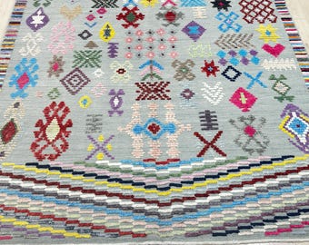 12315 – Handmade Kilim Rug 8x10 ft, Gray Wool Flatweave with Colorful Geometric Tribal Patterns & Striped Edges