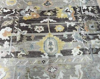 14152 – Handmade Oushak Rug 8x10 ft, Gray Wool Area Rug with Yellow & Neutral Accents, Modern Distressed Style Carpet