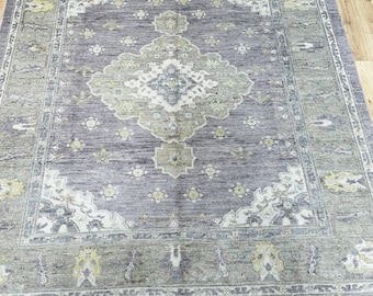 15248 – Handmade Oushak Rug 8x10 ft, Purple & Green Wool Area Rug with Medallion Design, Vintage Style Turkish Carpet