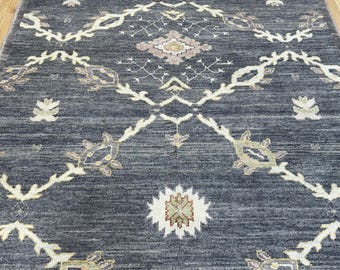 14639 – Handwoven Oushak Rug 6x9 ft, Dark Blue Wool Area Rug, Turkish Geometric Medallion Carpet with Ivory Accents