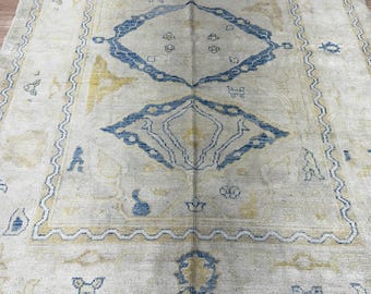 12596 – Handmade Oushak Rug 8x10 ft, Ivory and Blue Wool Area Rug with Gold Accents, Turkish Vintage Style Carpet