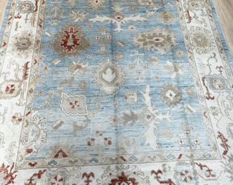 12019 – Handmade Oushak Rug 8x10 ft, Wool Area Rug in Sky Blue with Ivory Border & Red Accents, Turkish Oriental Carpet