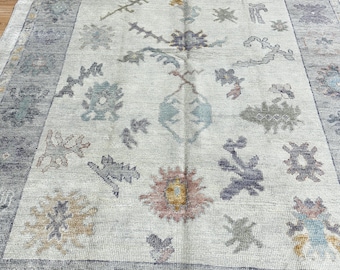 14340 – Handmade Turkish Oushak Rug 6x9 ft, Light Gray & Blue Wool Area Rug, Soft Pastel Floral Vintage Carpet