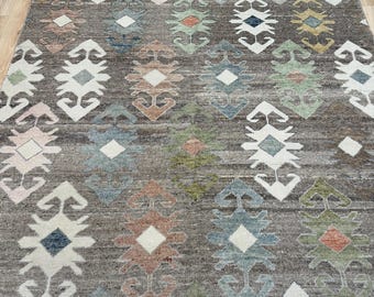 15236 – Handwoven Kilim Rug 6x9 ft, Geometric Tribal Wool Carpet, Brown Base with Multicolor Diamond Pattern