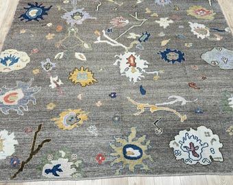 15246 – Handmade Oushak Rug 8x10 ft, Gray Wool Area Rug with Colorful Modern Floral Motifs, Turkish Carpet