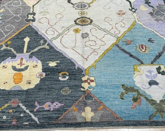 15156 – Handmade Oushak Rug 8x10 ft, Colorful Wool Area Rug with Modern Geometric Patchwork Tribal Motifs, Turkish Carpet