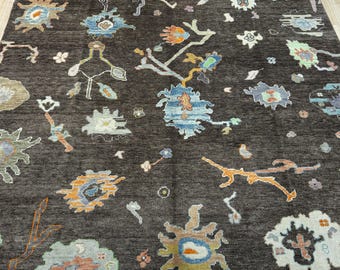 14572 – Handmade Oushak Rug 8x10 ft, Brown Wool Area Rug with Colorful Floral Patterns, Turkish Carpet, Modern Boho Living Room Decor
