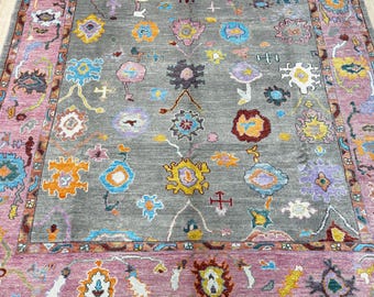 12342 – Handmade Oushak Rug 8x10 ft, Gray Wool Area Rug with Pink Border & Bright Multicolor Tribal Floral Motifs