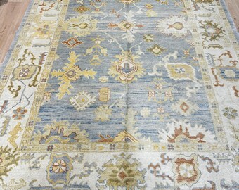 12585 – Handmade Oushak Rug 8x10 ft, Light Blue and Ivory Wool Area Rug with Gold Accents, Turkish Carpet