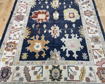 15189 – Handwoven Oushak Rug 6x9 ft, Navy Blue Wool Area Rug, Traditional Turkish Carpet with Ivory & Rust Accents