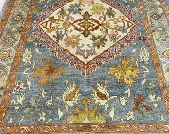 11408 – Handmade Oushak Rug 6x9 ft, Blue Wool Area Rug with Ivory Medallion, Vintage Turkish Carpet