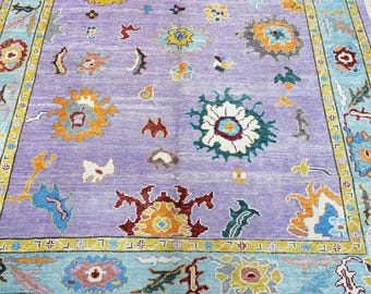 12316 – Handmade Oushak Rug 8x10 ft, Lavender Wool Area Rug with Colorful Floral Medallions and Teal Blue Border Accents