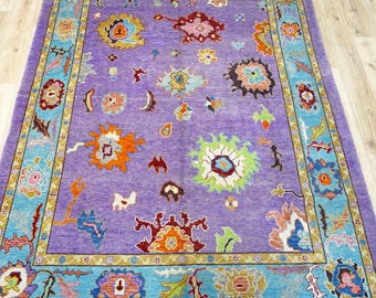 14545 – Handmade Oushak Rug 8x10 ft, Purple Wool Area Rug with Colorful Floral Motifs, Vibrant Turkish Carpet, Boho Home Decor