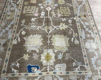12683 – Handmade Oushak Rug 8x10 ft, Brown Wool Area Rug with Ivory, Yellow & Blue Accents, Turkish Traditional Carpet
