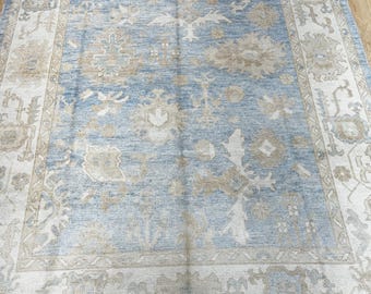 14253 – Handmade Oushak Rug 8x10 ft, Light Blue & Beige Wool Area Rug, Neutral Turkish Carpet, Modern Traditional Style