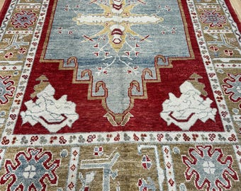 13535 – Handmade Turkish Oushak Rug 6x9 ft, Red & Blue Wool Area Rug, Vintage Style Geometric Carpet with Gold and Ivory Accents