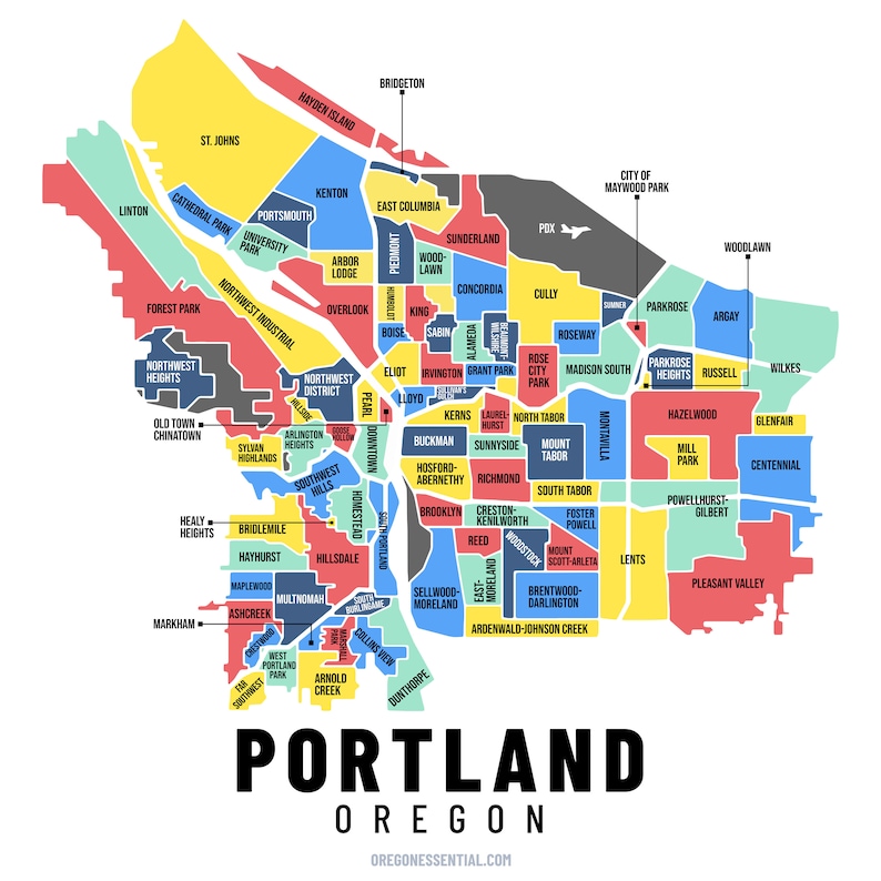 Map of Portland Oregon with Neighborhoods Etsy