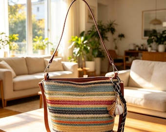 Handmade Woven Crossbody Bag, Colorful Striped Woven Bag, Summer Straw Style Handbag, Shoulder Tote, Bohemian Vacation Bag