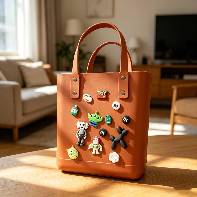 May include: A brown tote bag with two handles and decorative pins. The bag is adorned with colorful cartoon character pins, including an alien, a robot, and the words "Toy Story". The bag is sitting on a wooden table.