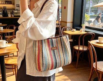 Boho Striped Straw Tote Bag With Zipper, Colorful Woven Shoulder Bag, Handmade Woven Beach Bag, Wedding Bridesmaid Gift, Seaside Tote Bag