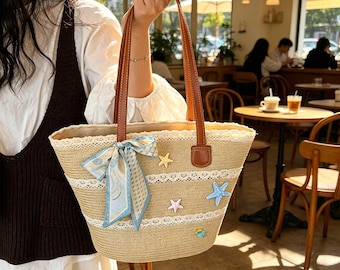 Starfish Straw Handbag, Bohemian Style Beach Bag, Large Capacity Shoulder Bag, Seaside Tote Bag, Vacation Bag, Wedding Bridesmaid Gift