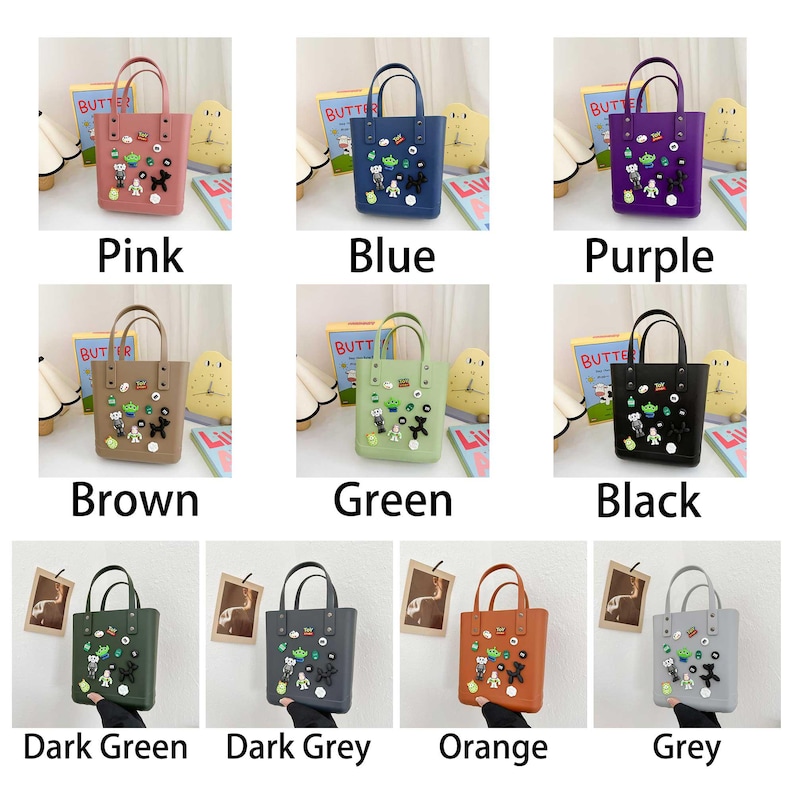 May include: A collection of small tote bags in various colors: pink, blue, purple, brown, green, black, dark green, dark grey, orange, and grey. Each bag has a pair of handles and is decorated with cartoon character embellishments. The word "Pink", "Blue", "Purple", "Brown", "Green", "Black", "Dark Green", "Dark Grey", "Orange", and "Grey" are written below each bag.