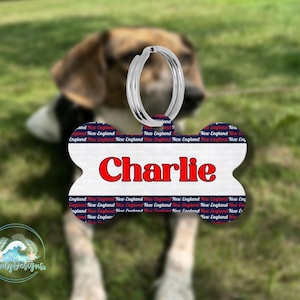 New England Pet ID Tag | Personalized Aluminum Dog Tag | Sports Pet Name Tag | Custom Bone or Circle Shape | Dog Collar Accessory