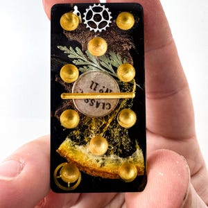 May include: A black domino tile with gold dots and a small gear on the top. The tile has a clear resin coating with embedded dried botanicals and a small white pill with the text "CLASS 11" on it.