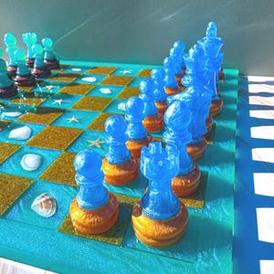 Ocean Inspired Chess Set | Sand and Bronze Checkers Board | Gold and Blue Pieces - Handcrafted Resin Board and Pieces