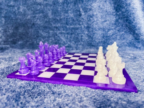 Pearlescent Purple Violet and White Chess & Checkers Set - Handcrafted Resin Board and Pieces, Great Graduation Gift, Family Game Night