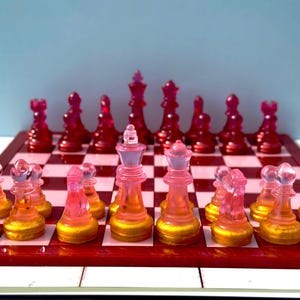 Russet & Coral Chess Set | Checkers Board | Raspberry Russet and Rose Quartz Gold Pieces - Handcrafted Resin Board and Pieces