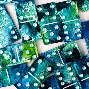 Stormy Ocean Double Six Dominoes | Blue Dominoes | Green Resin Dominoes | Black Dominoes Set | Colorful Dominoes | Dominoes With Teal Dots