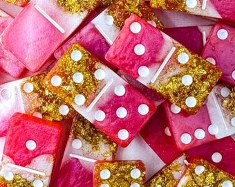 Pink and Gold Double Six Dominoes | Resin Dominoes | 12 Dominoes Set | Colorful 9 Dominoes | Flamingo Pink Marble Dominoes With White Dots