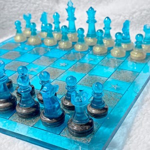 Ocean Inspired Chess Set | Sand and Bronze Checkers Board | Gold and Blue Pieces - Handcrafted Resin Board and Pieces