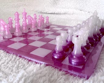 LARGE Chess set 13.77” x 13.77”, Marble Chess set in pink and 