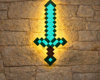 Minecraft Diamond Sword Wall Decor – Pixel Sword Replica, Gamer Room Decor, 3D Printed Sword, Kids Gift, Gaming Wall Art