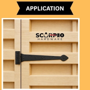 May include: A black metal T-hinge mounted on a light-coloured wooden door with horizontal panels. The door features the black logo text SCORPIO HARDWARE with a red handle icon and a keyhole symbol. The word APPLICATION is printed in white on a black banner.