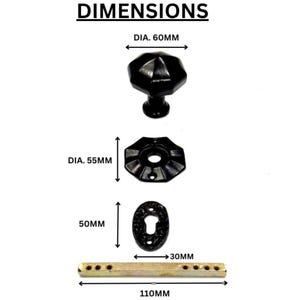 Puede incluir: Un pomo de puerta negro de 60 mm de di&aacute;metro, una placa circular negra de 55 mm de di&aacute;metro, un escudo ovalado negro de 50 mm por 30 mm y un eje met&aacute;lico de 110 mm de largo. La imagen incluye el texto DIMENSIONS y medidas espec&iacute;ficas.