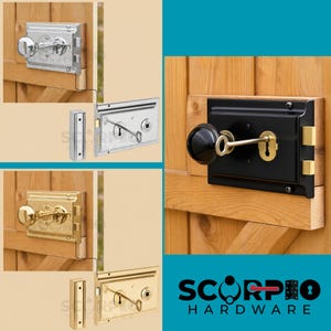 May include: A collection of rim locks featuring rectangular metal plates with matching knobs and keys. The set includes silver, gold, and black finishes mounted on wooden surfaces. The text SCORPIO HARDWARE is visible at the bottom right.