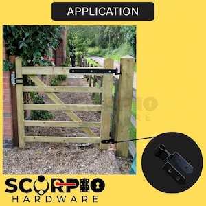 May include: A wooden gate installed between two posts, featuring black metal hinges and a latch. A circular inset shows a detailed view of a black metal hinge component. The text "APPLICATION" appears at the top, and "SCORPIO HARDWARE" at the bottom.