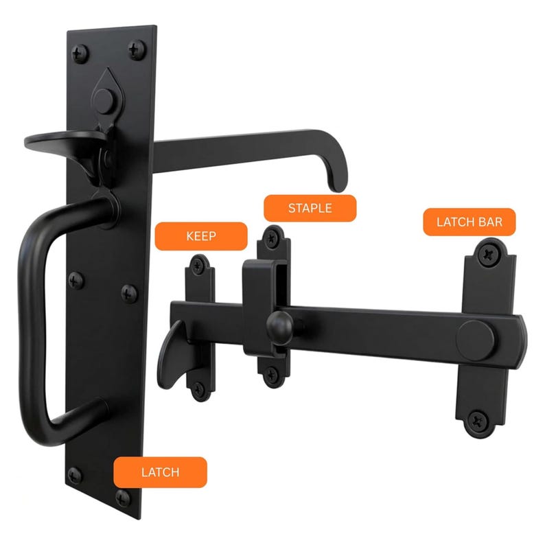 Puede incluir: Un juego de pestillo para puerta de metal negro que incluye una placa de montaje vertical con manija y palanca, una barra de pestillo horizontal, una grapa y un retenedor. Los componentes tienen etiquetas naranjas LATCH, STAPLE, KEEP, LATCH BAR.