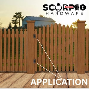 May include: A wooden picket fence with two black metal hinges attached to a vertical post. The text SCORPIO HARDWARE appears at the top, and the word APPLICATION is at the bottom, with white lines pointing from the text to the black hinges.