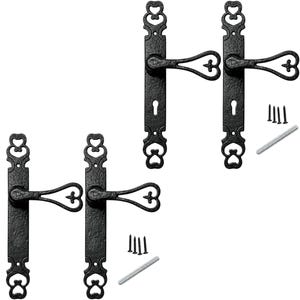 May include: Four black metal door handles with long rectangular backplates featuring decorative scrollwork at the top and bottom. Each handle includes a keyhole cutout, a matching metal spindle, and four small black screws for installation.