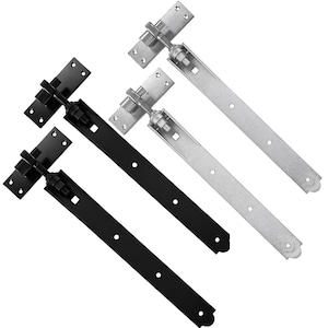 May include: Four heavy-duty gate hinges arranged in a group. Two hinges are finished in a matte black coating, and two hinges feature a metallic silver finish. Each hinge consists of a rectangular mounting plate and a long, flat strap arm.