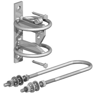 Könnte beinhalten: Eine silberfarbene Wandhalterung aus Metall mit zwei kreisförmigen Ringen und einer vertikalen Platte mit Befestigungslöchern. Das Set enthält zwei Holzschrauben sowie einen U-Bügel mit vier Unterlegscheiben und zwei Muttern.