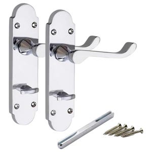 May include: Two polished chrome door handles on rectangular backplates with rounded ends, featuring a lever design and a small thumb turn. The set includes a metal spindle bar and four matching silver-coloured mounting screws for installation.