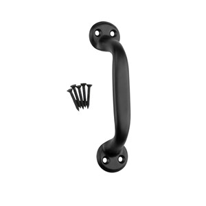 May include: A matte black metal door handle with a curved, ergonomic grip and two circular mounting plates at each end, each featuring two screw holes. The handle is accompanied by four matching black metal screws for installation purposes.
