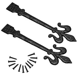 May include: Two black metal strap hinges with a textured finish and a decorative fleur-de-lis end design. Each hinge features a rectangular mounting plate with two pre-drilled holes. A set of ten matching black metal screws is included for installation.