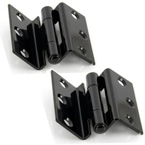 May include: Two identical black metal door hinges with a glossy finish. Each hinge features a central cylindrical barrel and two rectangular mounting plates, each containing three pre-drilled circular screw holes for installation purposes.