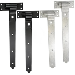 Peut inclure: Deux pentures en T noires et deux pentures en T argentées galvanisées, chacune dotée d'une plaque de montage rectangulaire avec quatre trous de vis, d'un pivot central et d'une longue sangle plate avec trois trous et une découpe carrée.